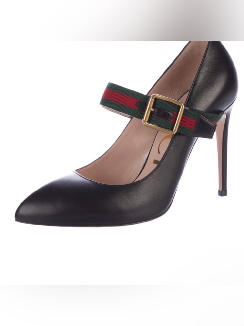 Authentic Gucci Sylvie leather pumps in black Mary Jane web strap Like New size